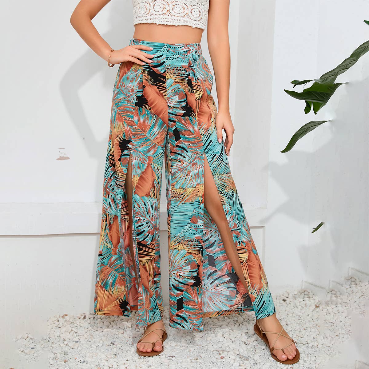 Holiday style loose casual waist slit pants