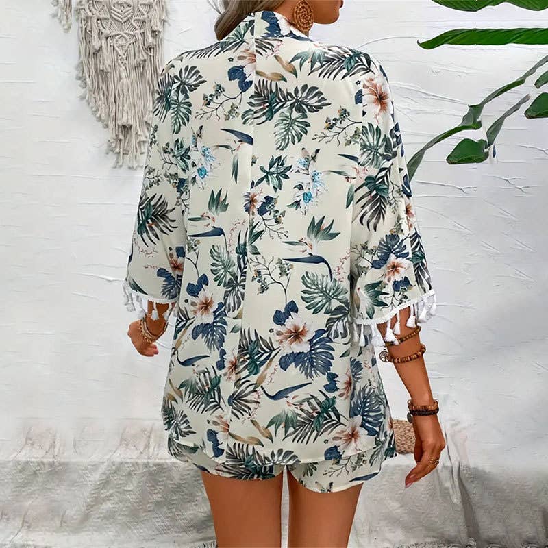 Printed fringe short beach vacation two-piece set