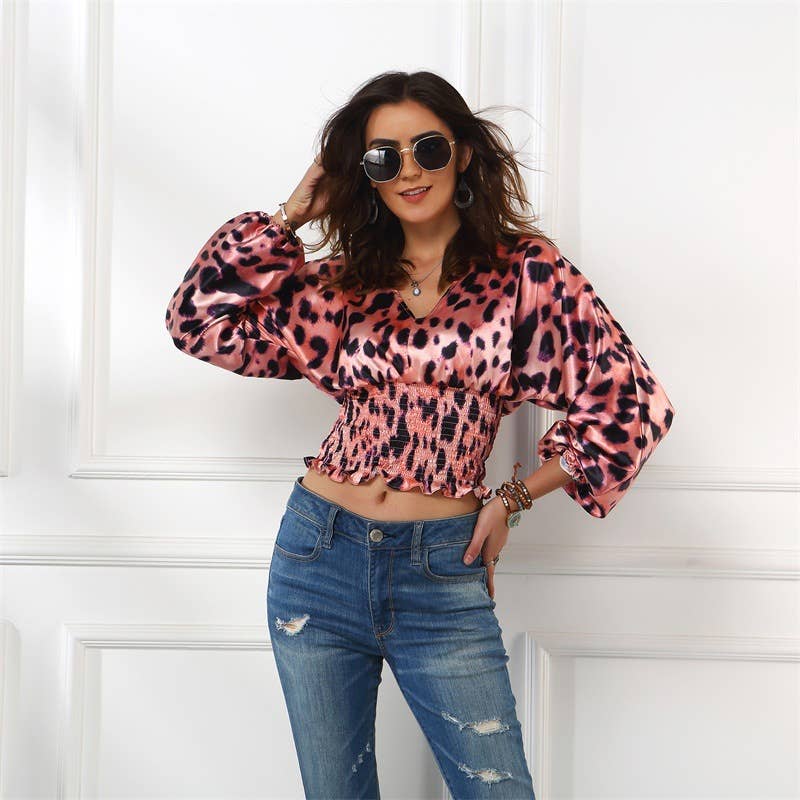 LEOPARD MIDRIFF WAIST FASHION V-NECK T-SHIRT