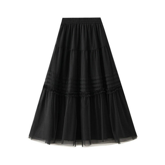 Vintage Pleated Lace Trim Tulle Maxi Skirt
