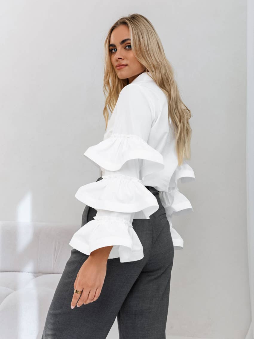 SOLID COLOR RUFFLED SHIRT WITH FRENCH DESIGN