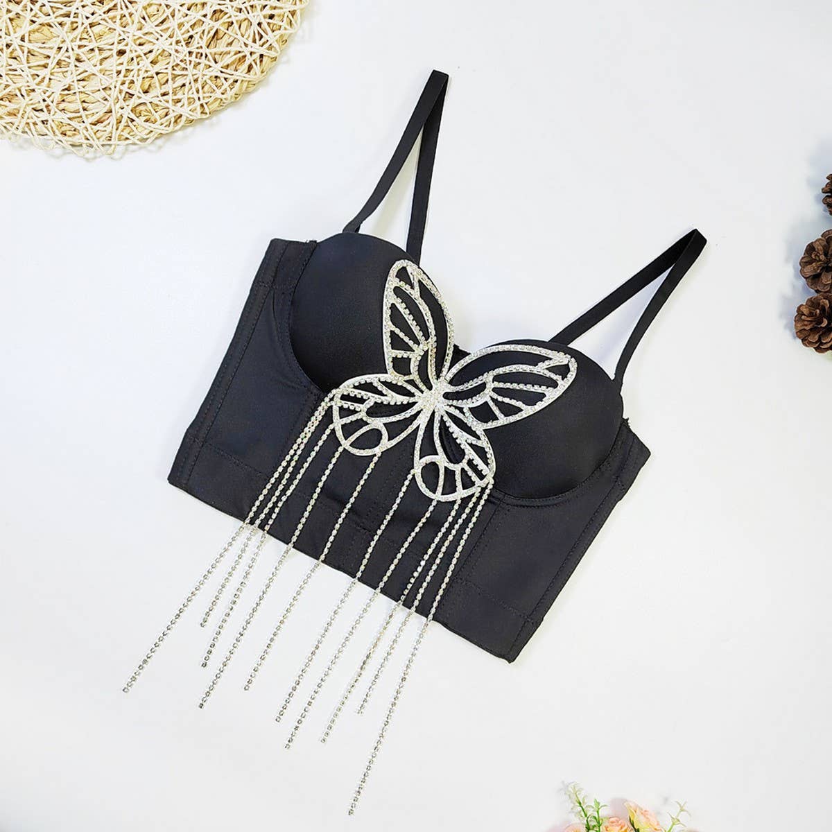 BUTTERFLY BEADED TASSEL HERRINGBONE CORSET_CWMM4237