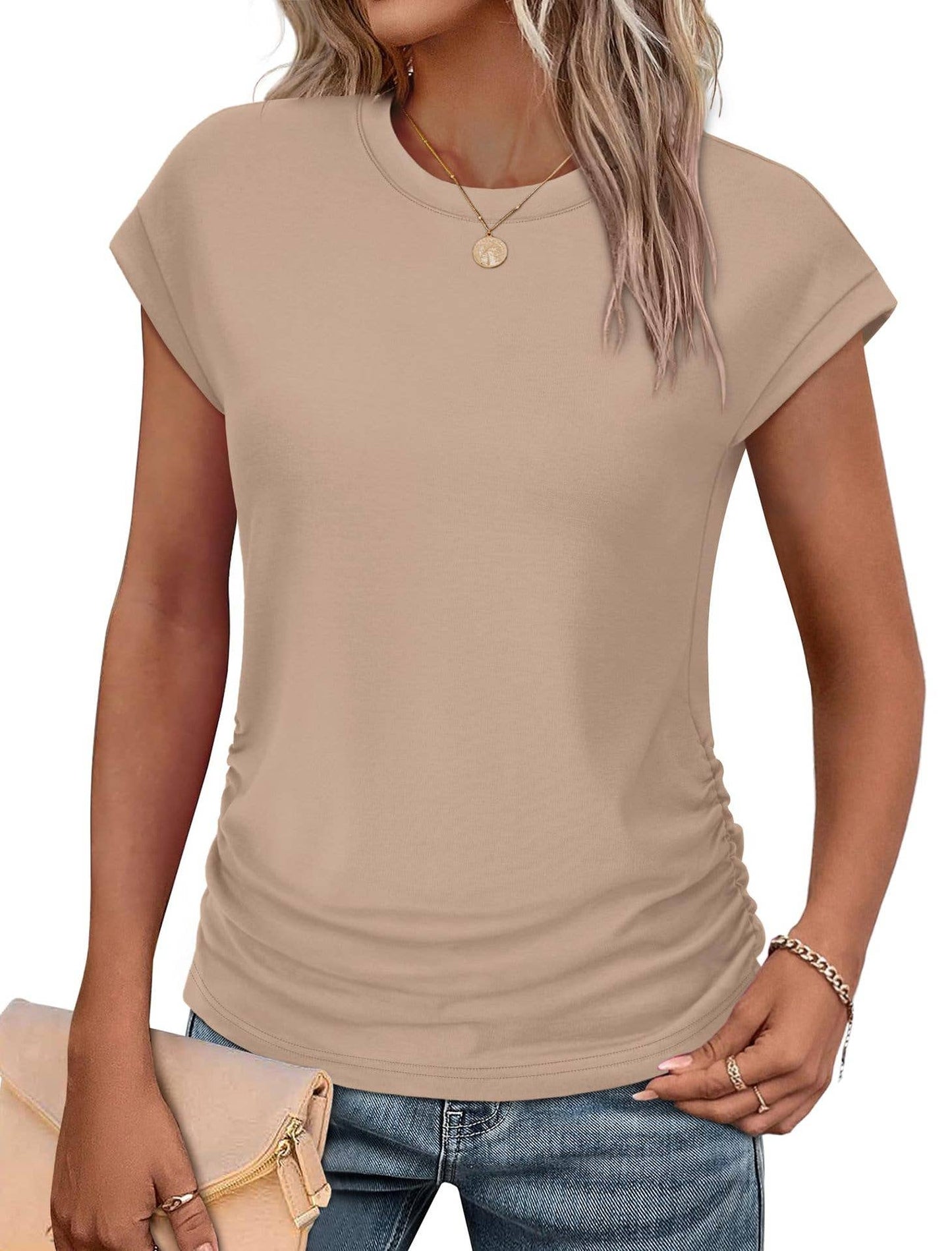 Solid color round neck waistline T-shirt