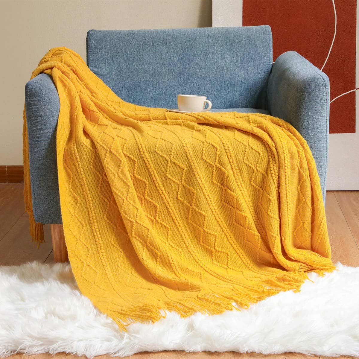 KNITTED WARM BLANKET WITH TASSELS