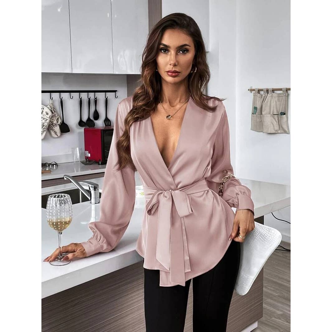 V-NECK SOLID COLOR BELTED ASYMMETRICAL HEM SHIRT