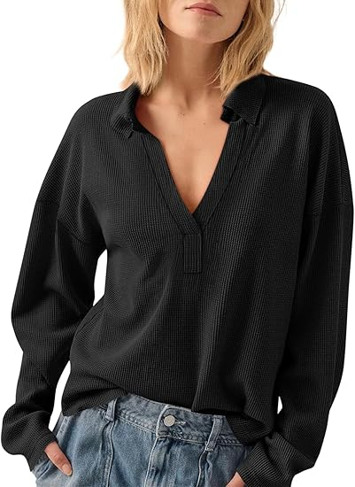 V-NECK LOOSE LONG-SLEEVED WAFFLE PATTERNED HOODIE