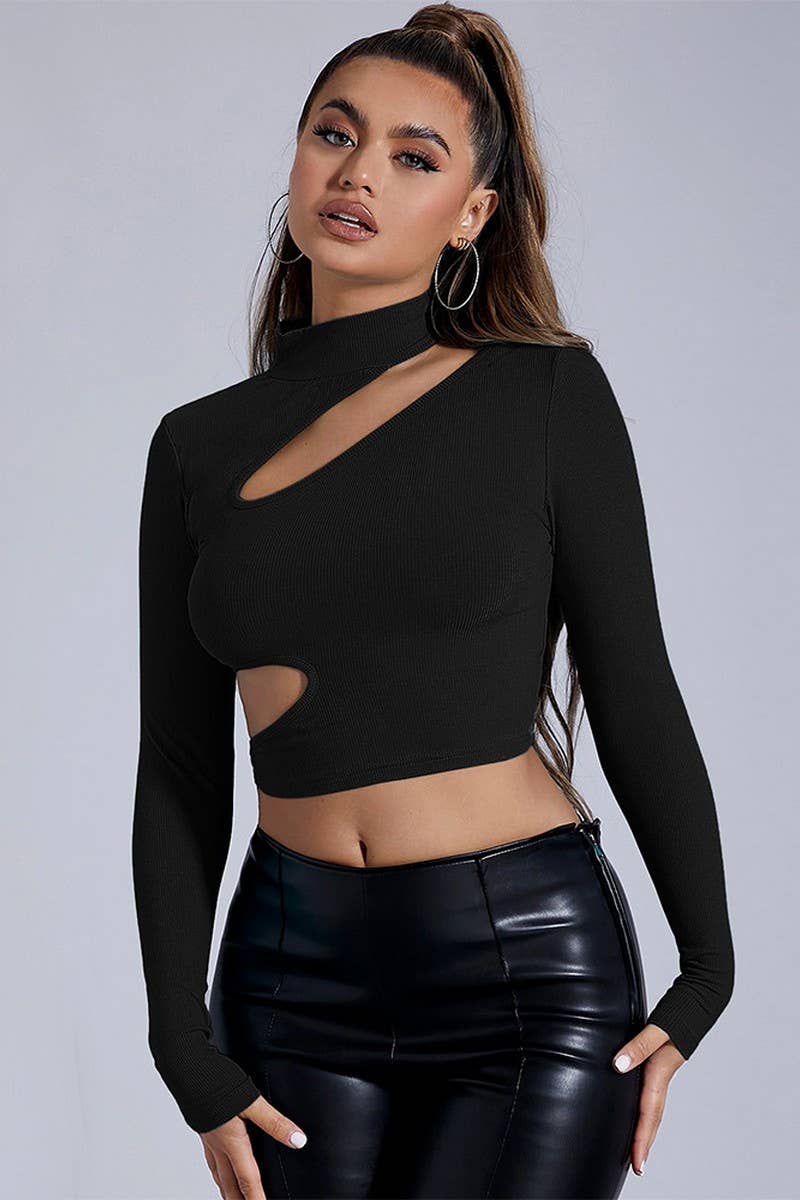 SEMI HIGH NECK BLACK LONG SLEEVED SEXY T SHIRT_CWTSTL1102