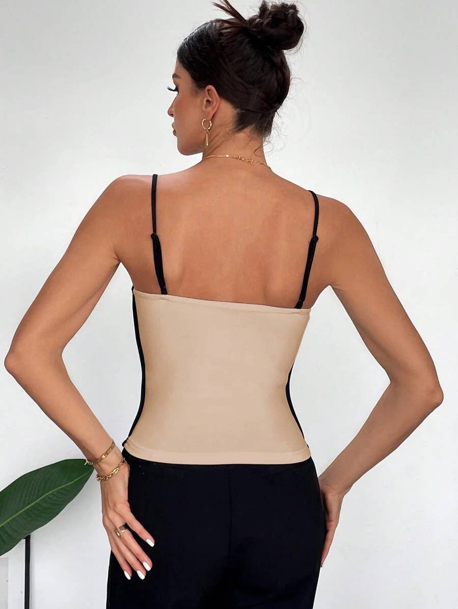 Lace-up color-blocking decorative halter top