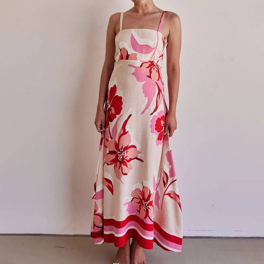 Holiday-chic slim floral print long halter dress