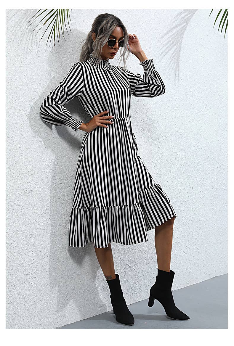 VERTICAL STRIPED FASHION SEMI-TURTLENECK DRESS