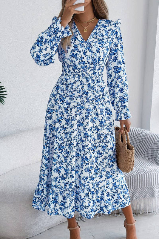 CWDMD6026_FLORAL WRAP V-NECK RUFFLE TRIM WAIST MAXI DRESS