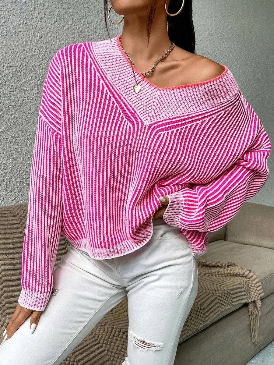 V-neck loose striped batsleeved sweater