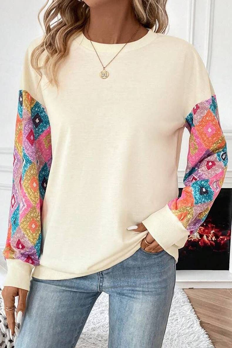 STYLISH GEOMETRIC PRINTED CREW-NECK HOODIE