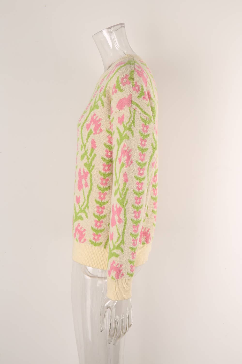 JACQUARD ROUND NECK FLOWER KNIT FASHION SWEATER