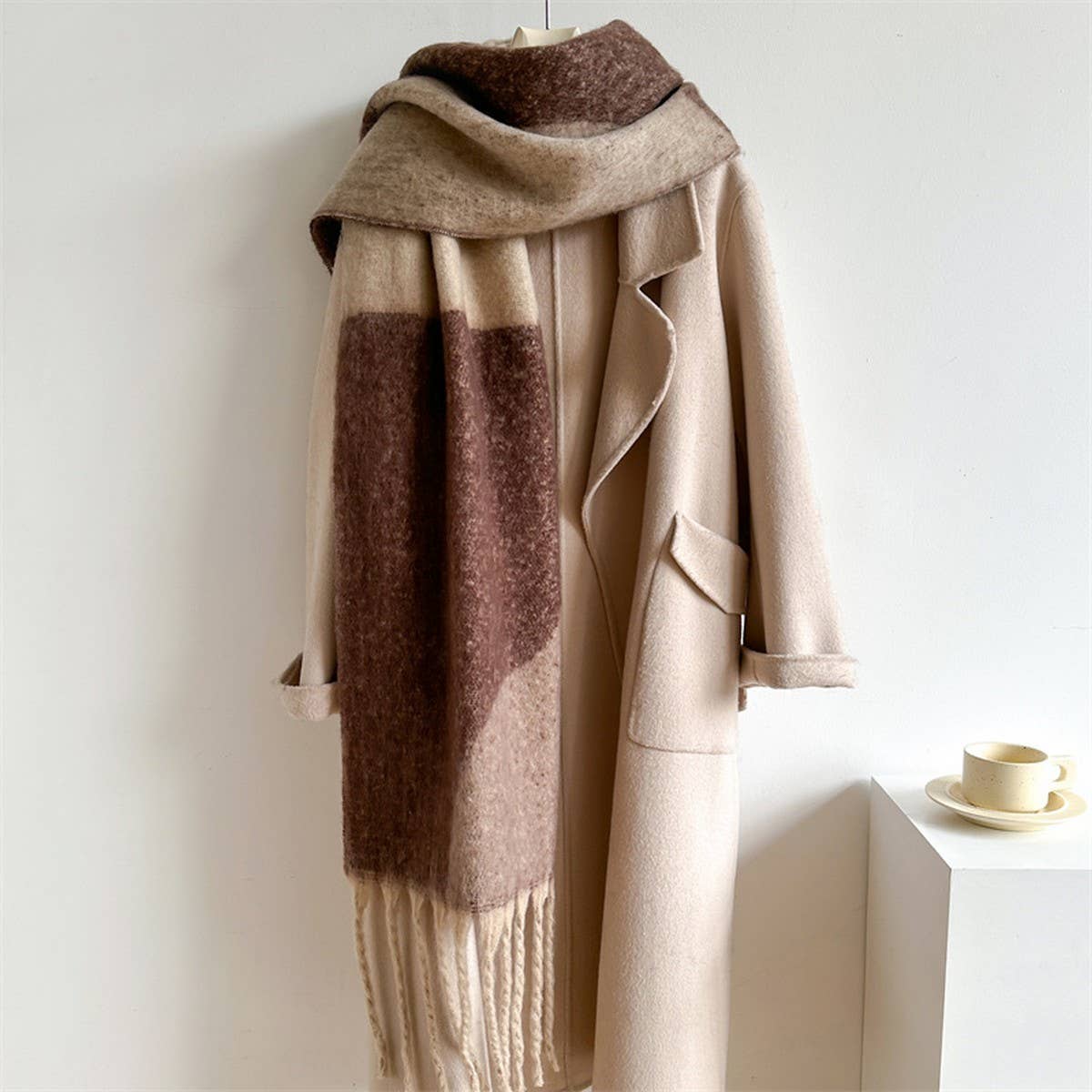 Geometric Fringe Wool Scarf,Thick Colorblock Shawl