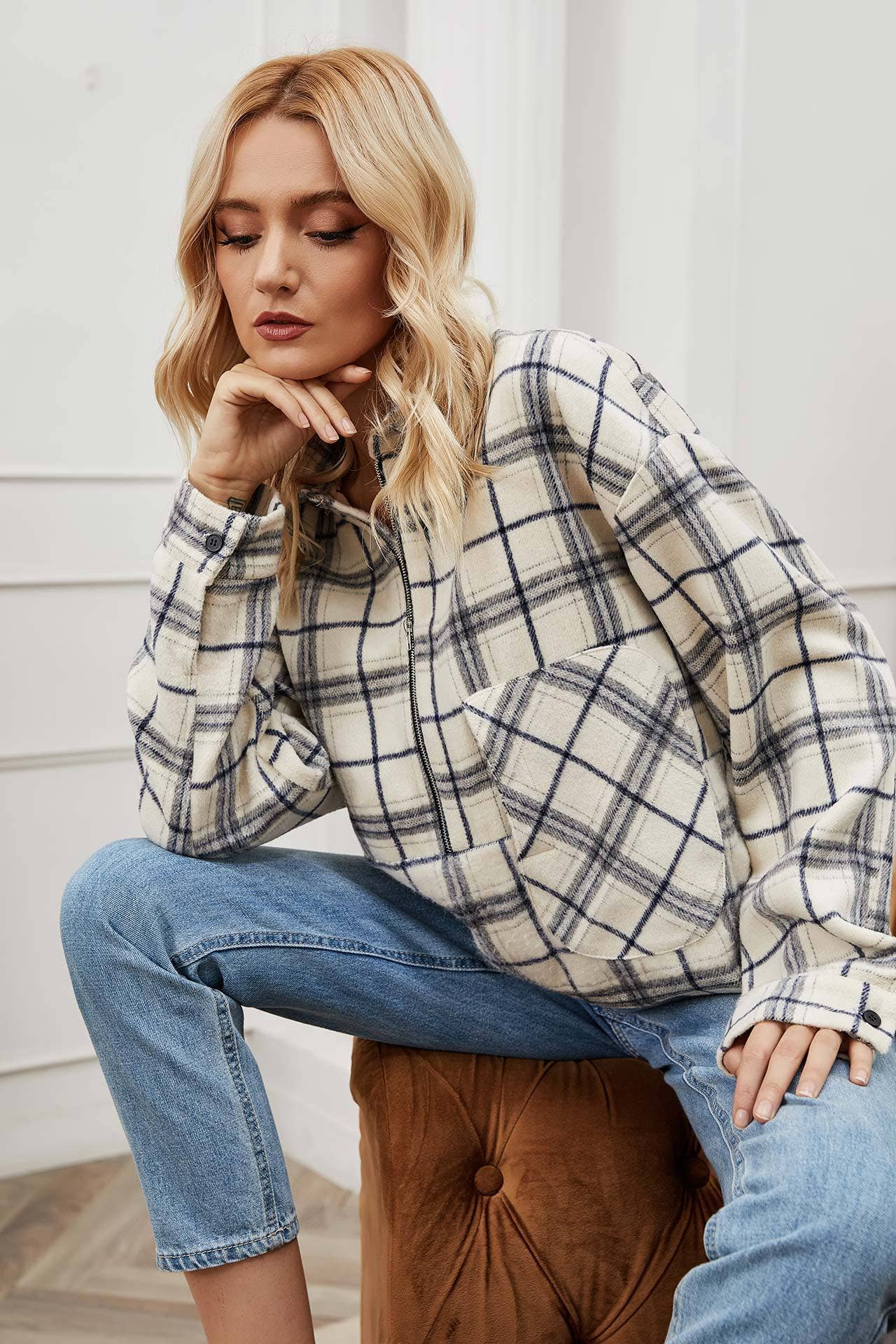 STYLISH RUFFLED CHECKED LAPEL ZIP-UP HOODIE