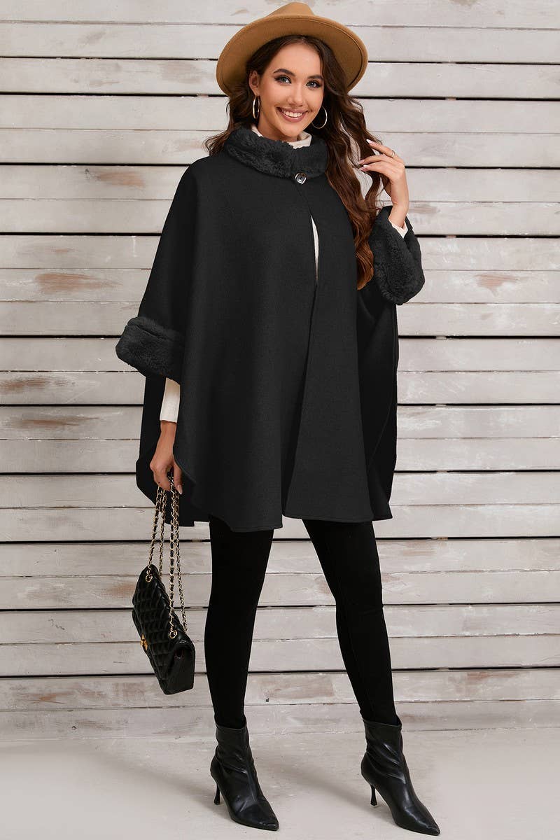 CWOCO0950_SOLID COLOR FUR COLLAR CAPE COAT