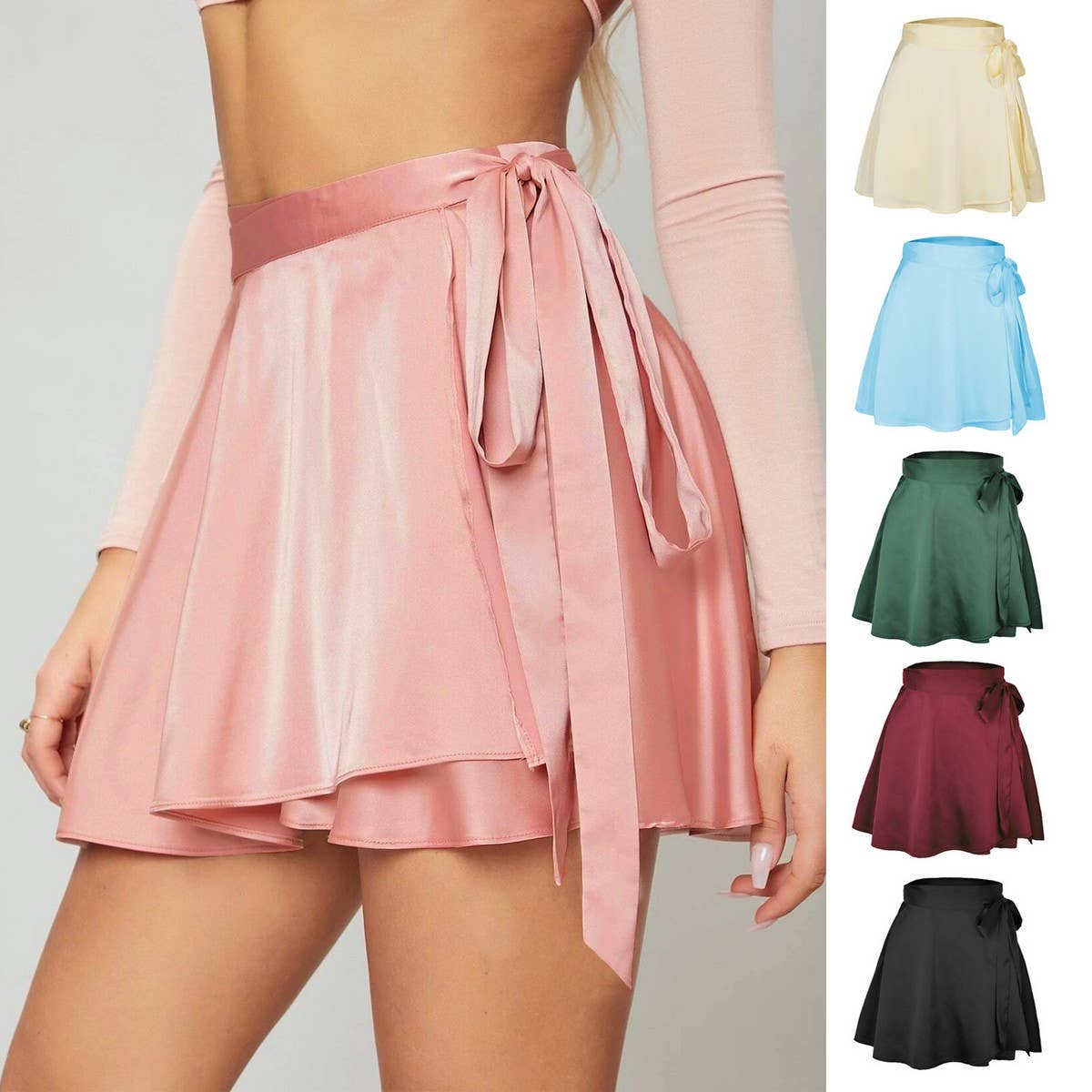 SOLID COLOR SKIRT HIGH WAIST LACE UP SHORT SKIRT_CWAB4789