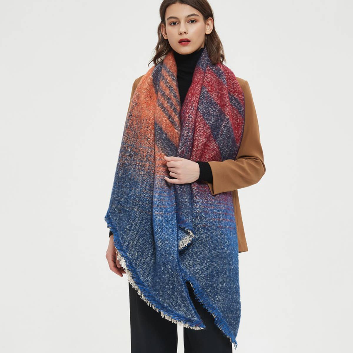 Striped Fuzzy Shawl - Thick Winter Wrap for Women_CWASC0120