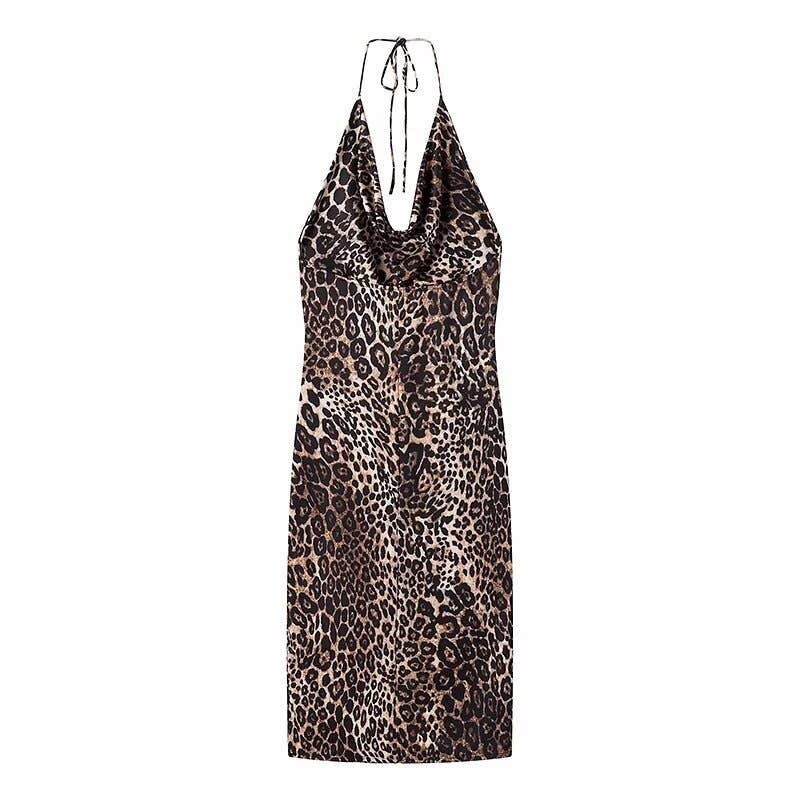 Sexy leopard print pleated halter dress