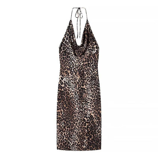 Sexy leopard print pleated halter dress