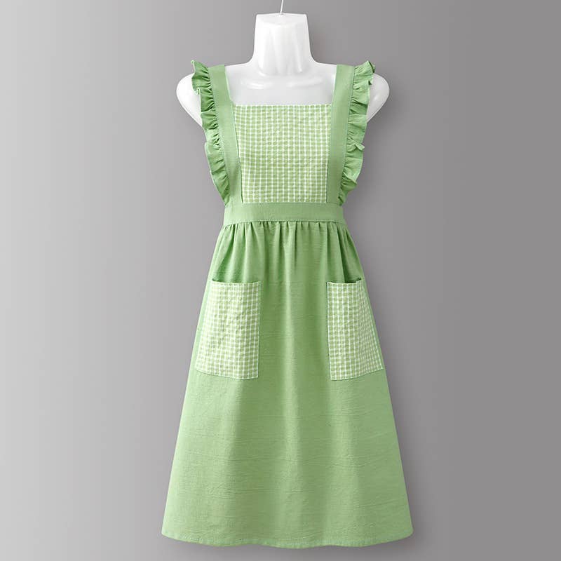 Cotton Striped Grid Kitchen Apron with Pocket