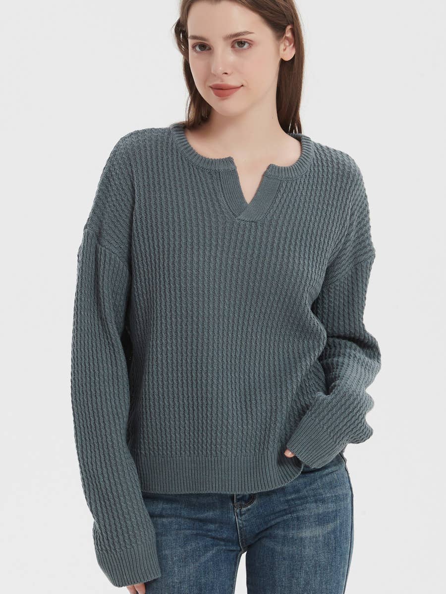 V-NECK SOLID COLOR PULLOVER SWEATER FOR WOMEN