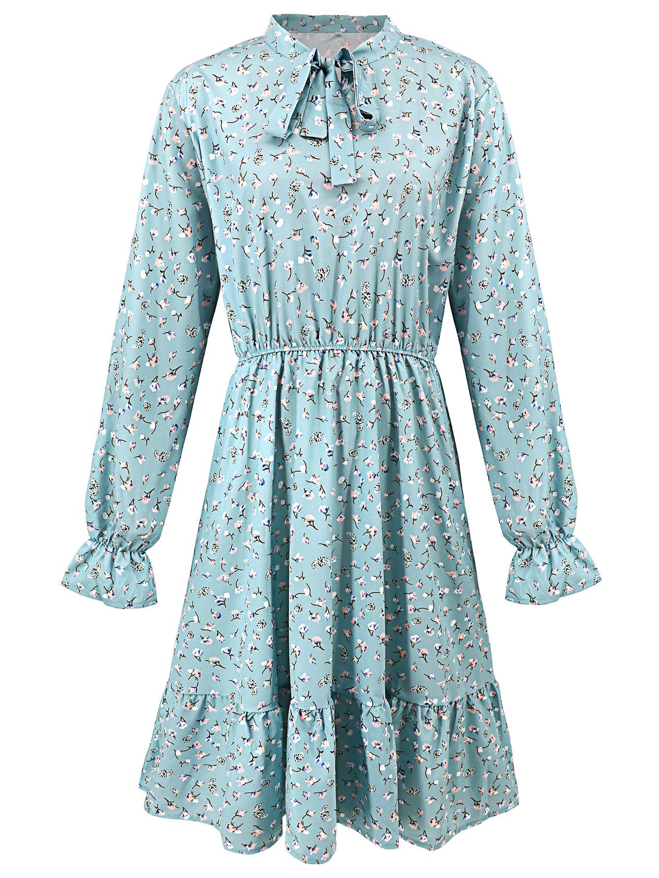 Waist-Cinched Floral Ruffle Bell Sleeve Dress