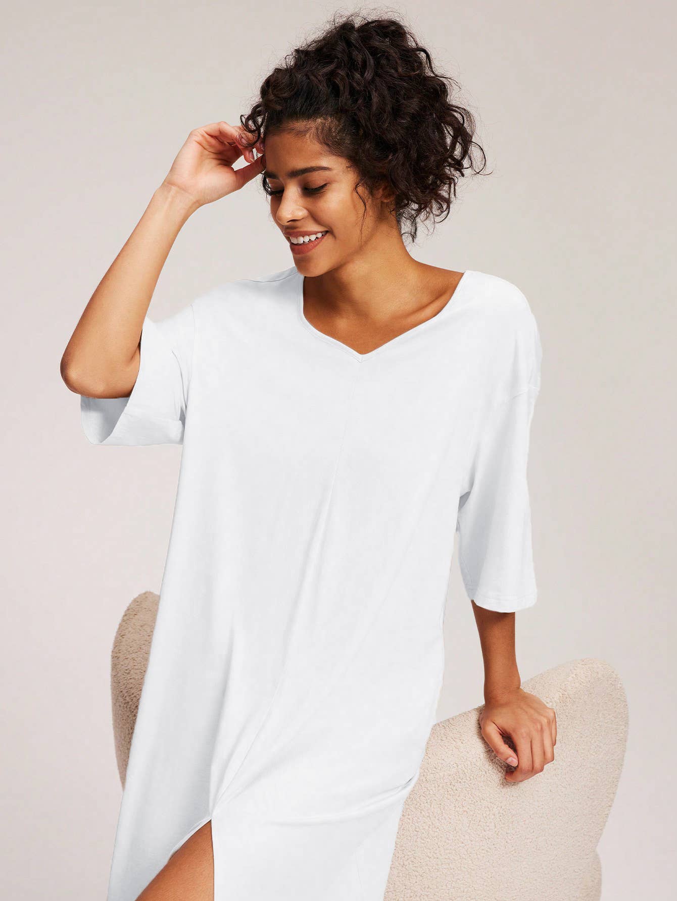 V-NECK HALF SLEEVE SIMPLE CASUAL NIGHTDRESS