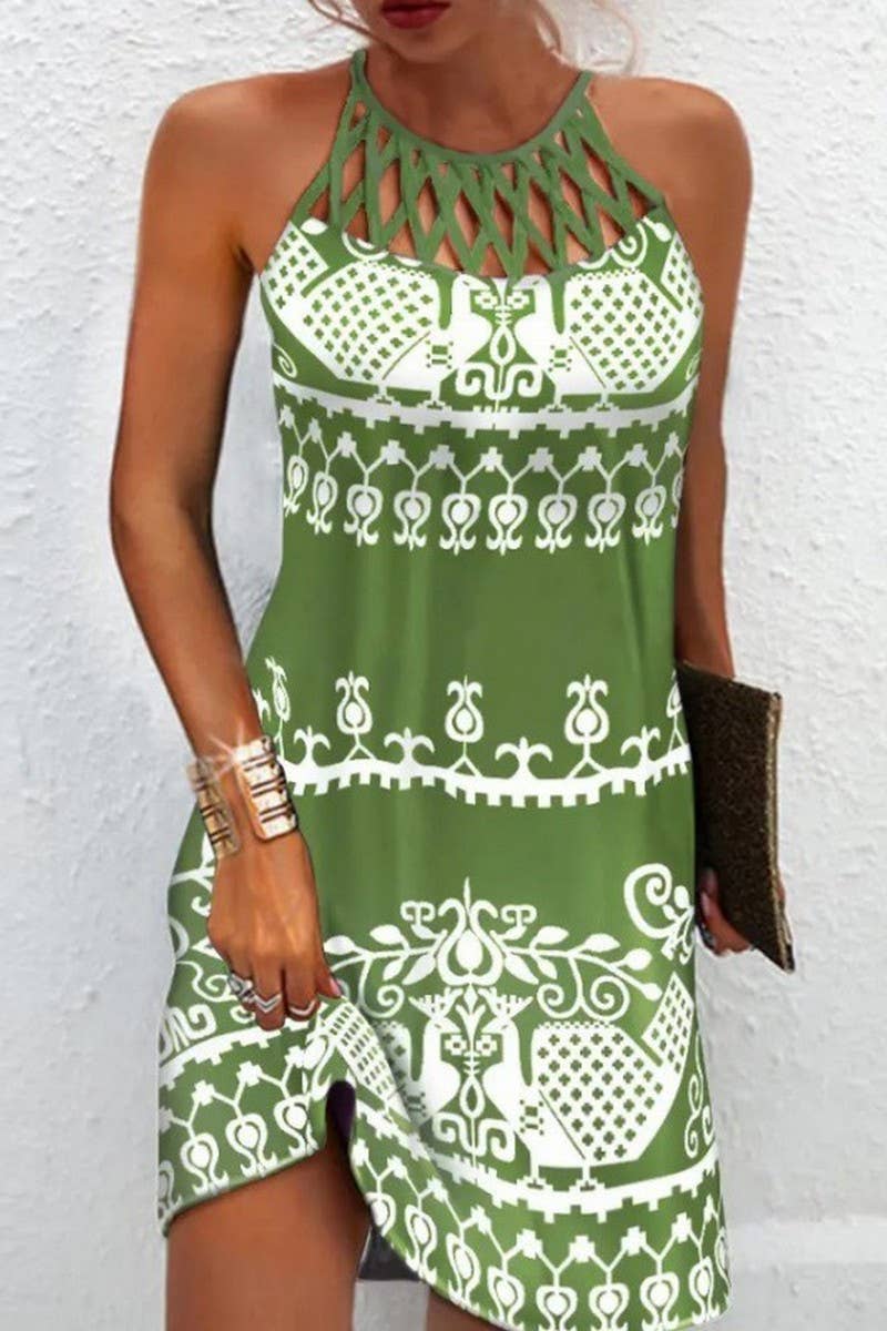 CWDSD8231_SUMMER HOLLOW NECK SLIM SLEEVELESS HALTER DRESS