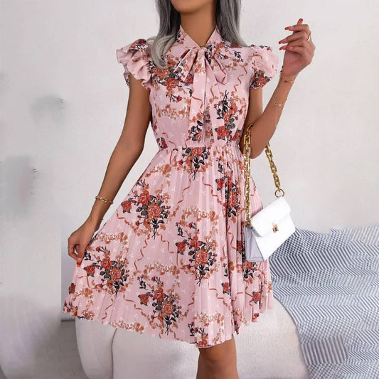 TEMPERAMENT FLOWER LACE BIG SWING PLEATED DRESS_CWDSD2527