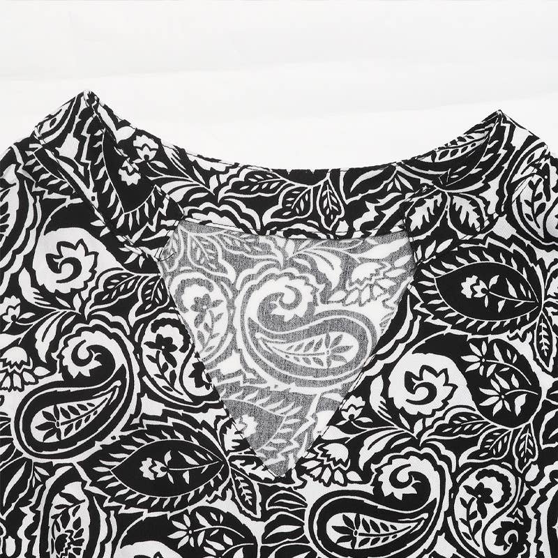 National printing v-neck long-sleeved dress