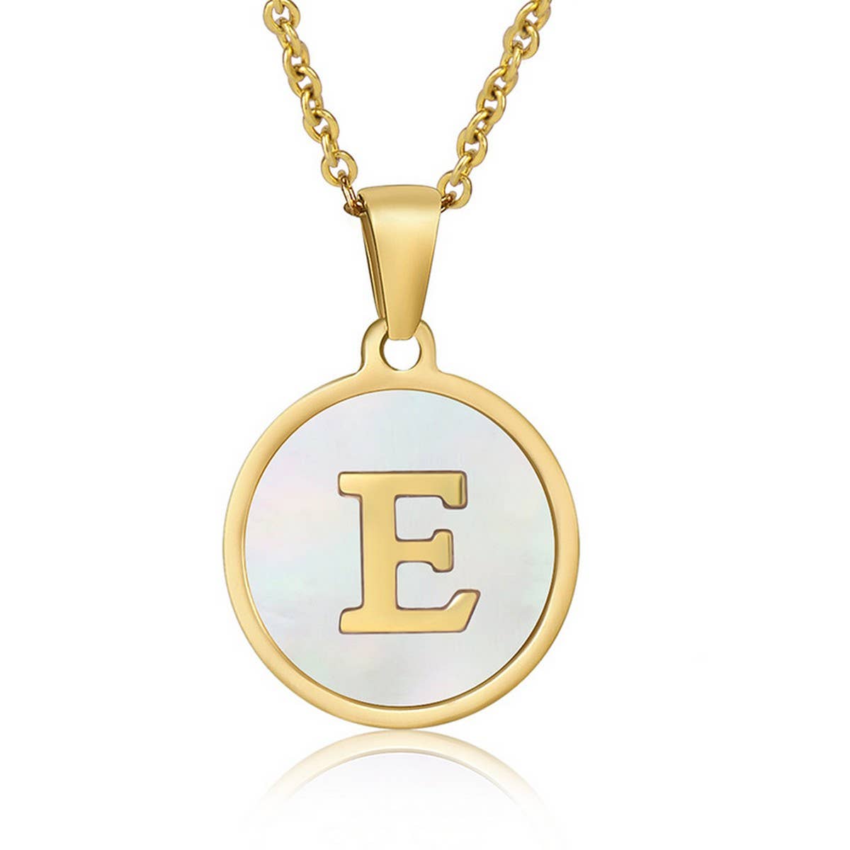 CWAJE1934_Round Stainless Steel White Shell Letter Necklace