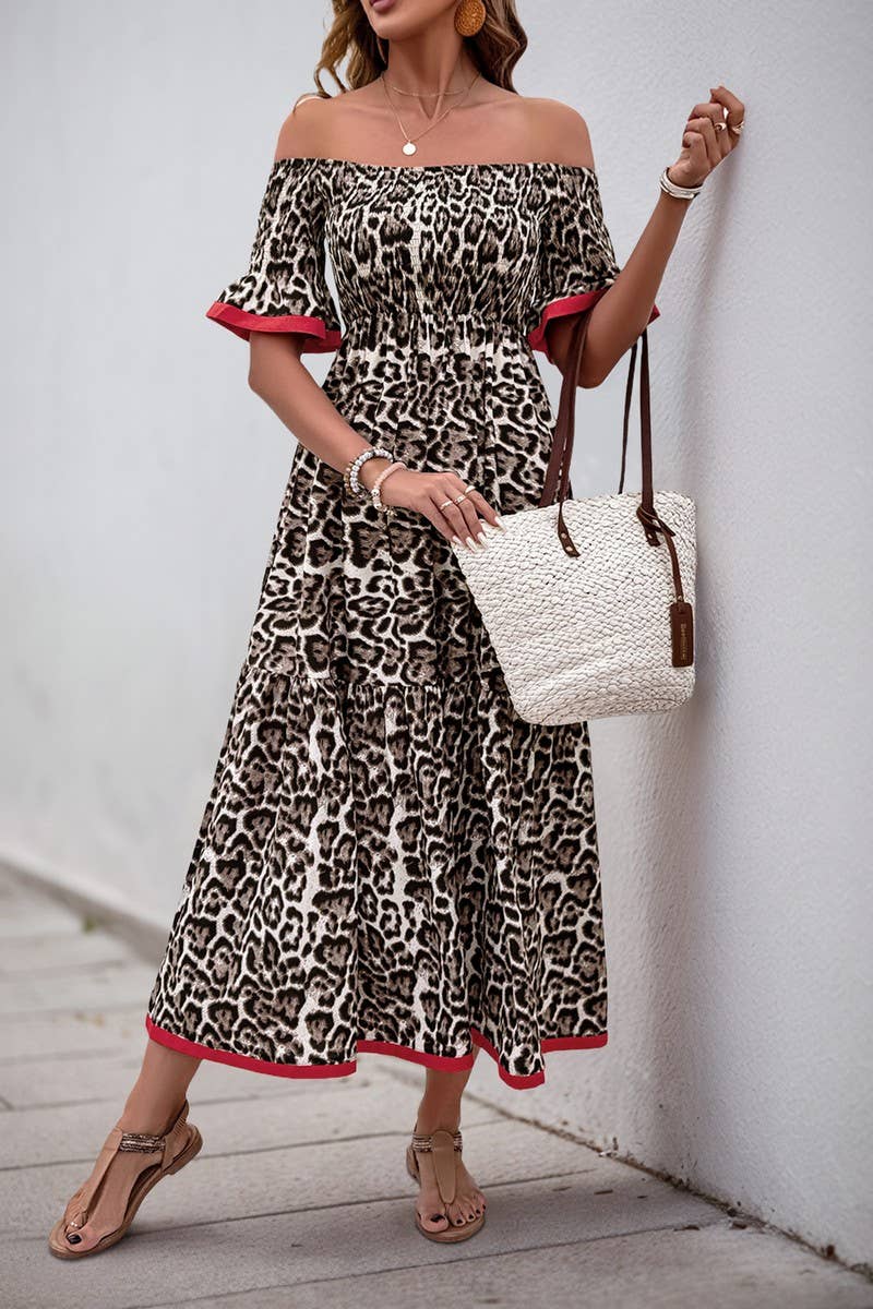 CWDMD4951_RUFFLE LEOPARD PRINT OFF-SHOULDER MIDI DRESS