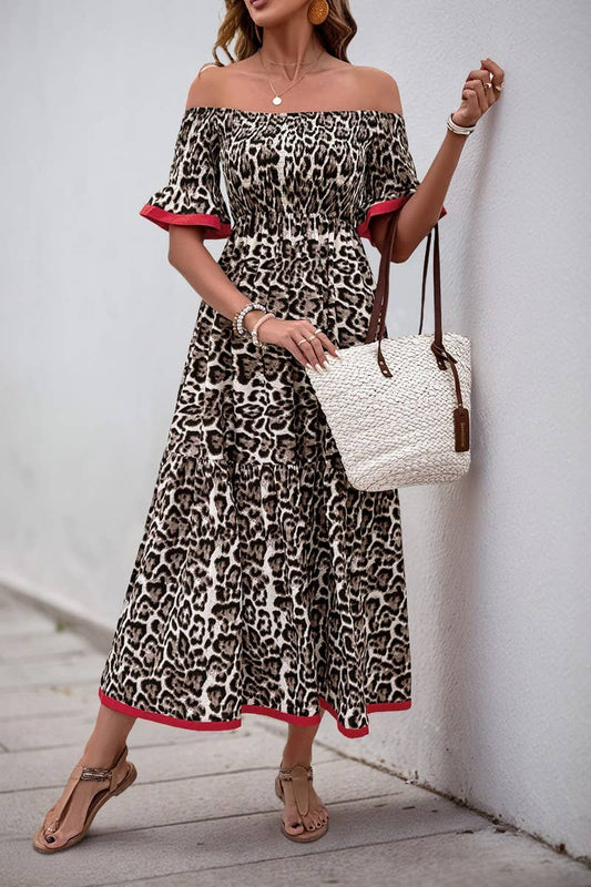 CWDMD4951_RUFFLE LEOPARD PRINT OFF-SHOULDER MIDI DRESS