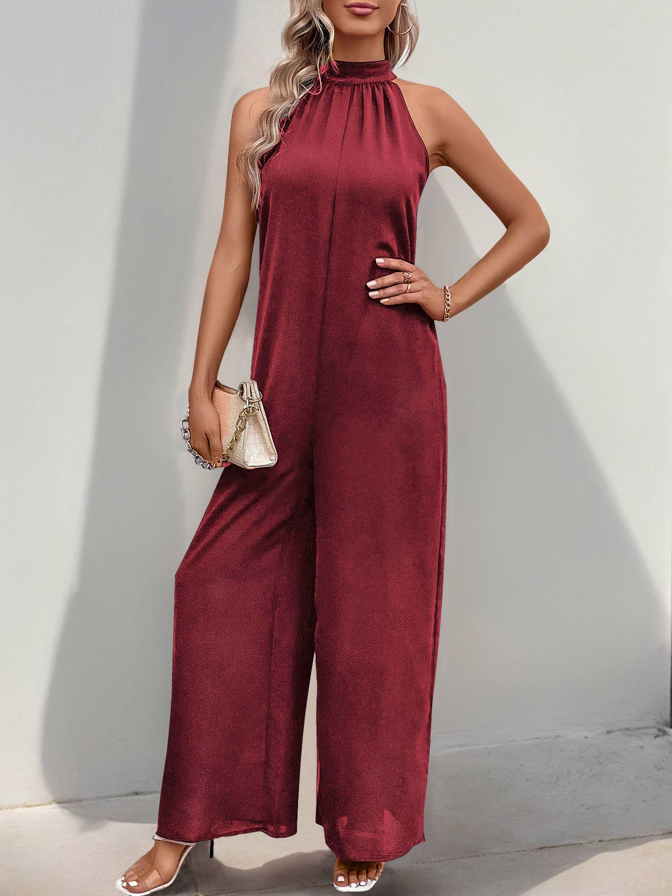 Solid color wide-leg romper with casual high neck