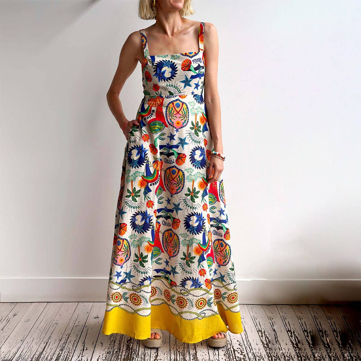 Temperament linen printed tank top swing dress