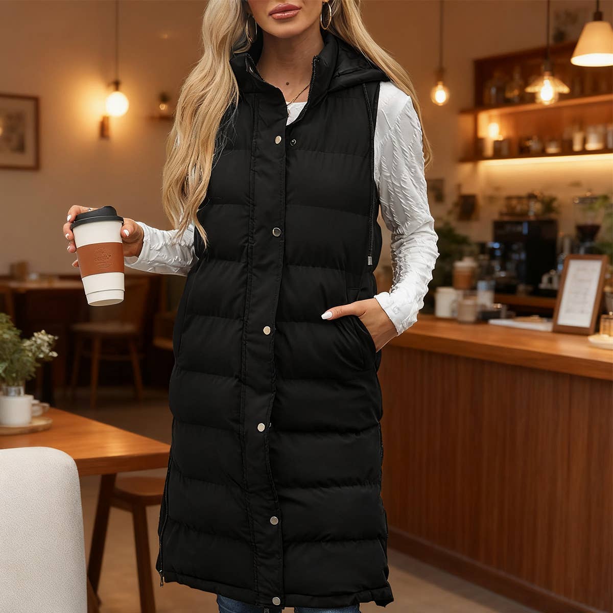 Solid-color hooded sleeveless cotton-padded vest