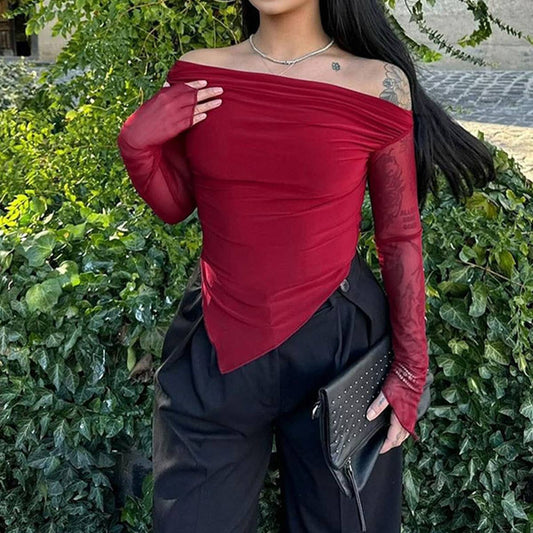 ELEGANT SLIM SLANT SHOULDER MESH SLEEVE TOP
