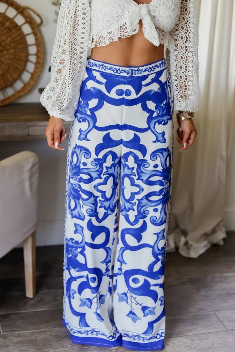CWBLP887_BLUE AND WHITE PORCELAIN PRINT WIDE-LEG PANTS