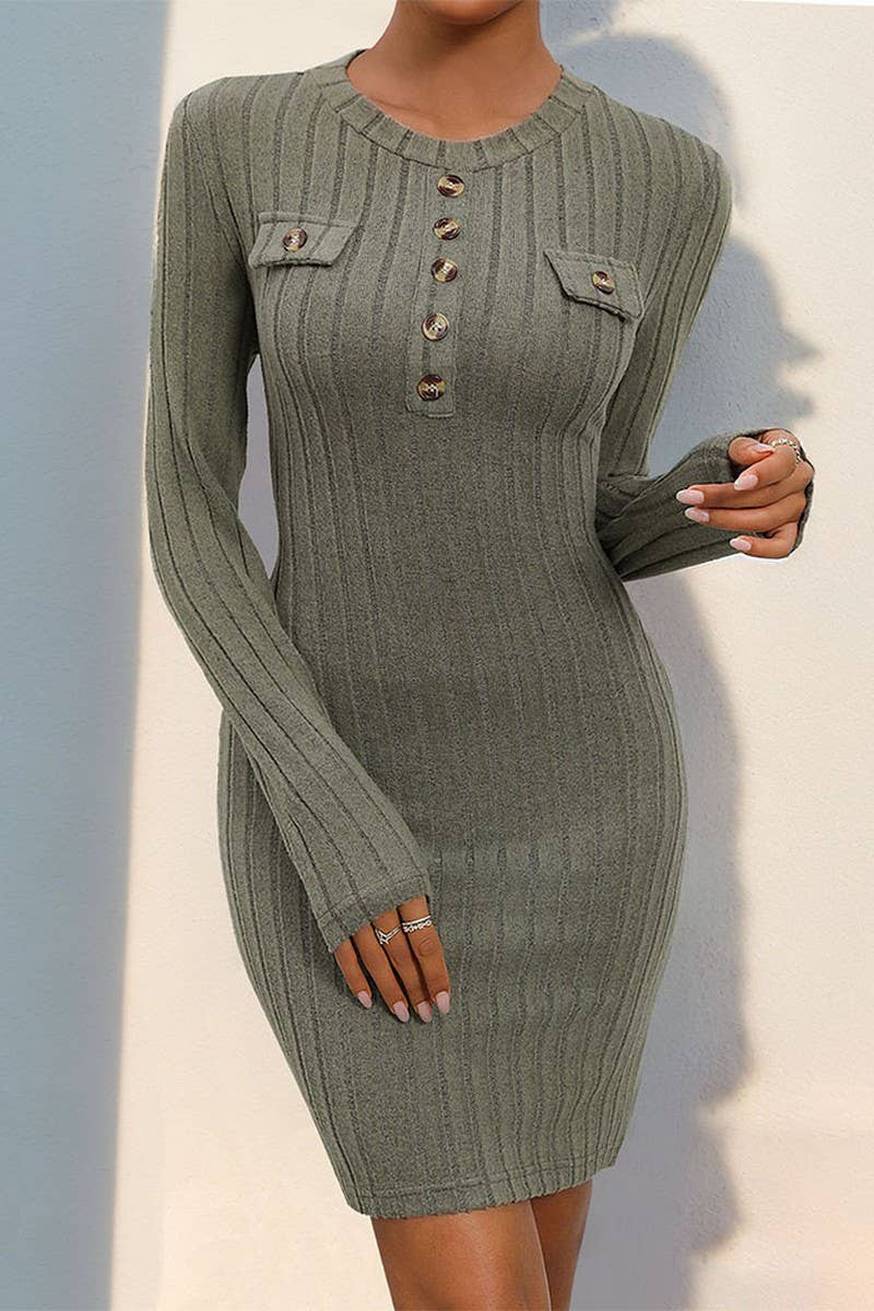 CWDSD7169_SIMPLE SLIM ROUND NECK BUTTON KNIT DRESS