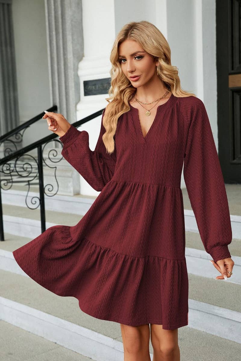 CWDSD6464_AUTUMN WINTER V-NECK LONG-SLEEVED DRESS SHORT