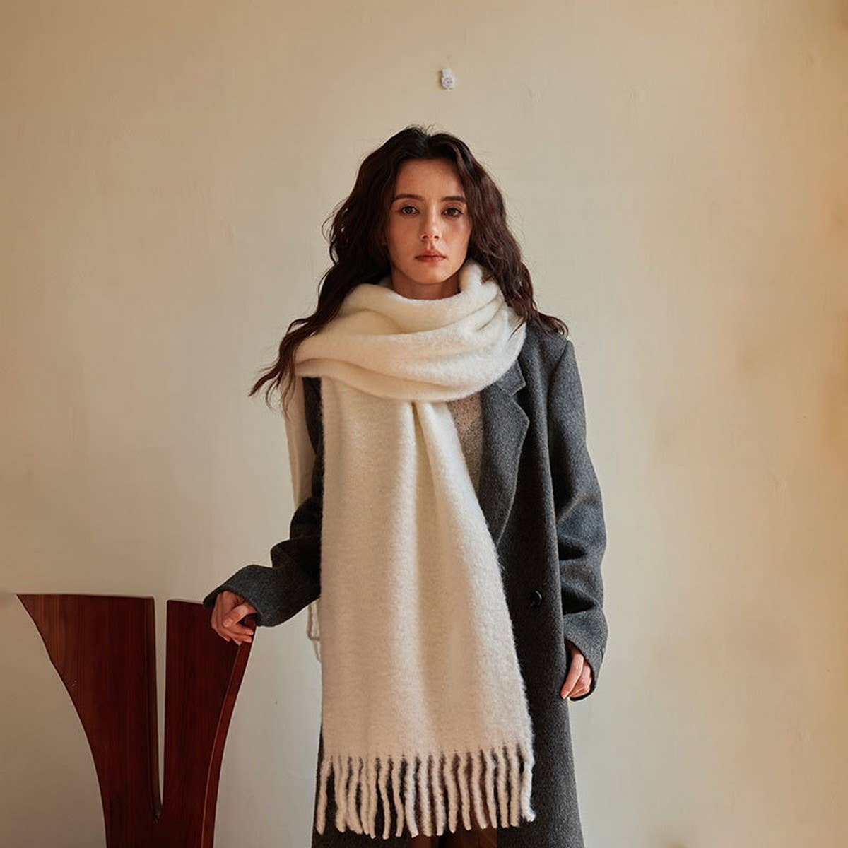 Soft Merino Wool Solid Scarf ??White Winter Wrap_CWASC2294