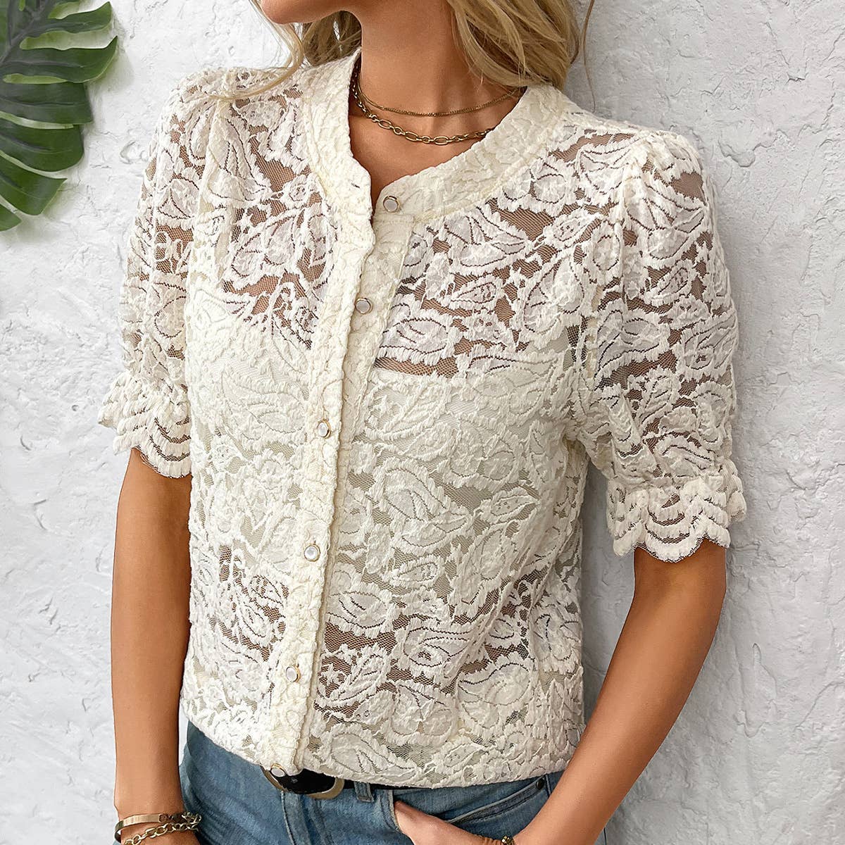 Lace short-sleeved casual single-breasted shirt