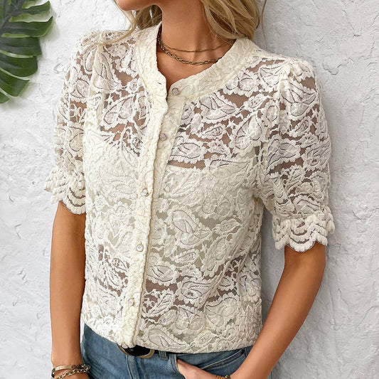 Lace short-sleeved casual single-breasted shirt