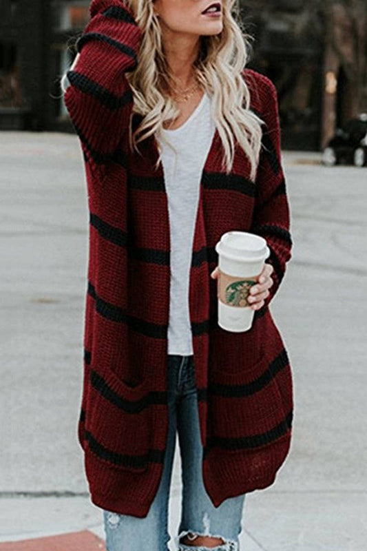 Striped women's loose long unbuttoned knit cardigan
