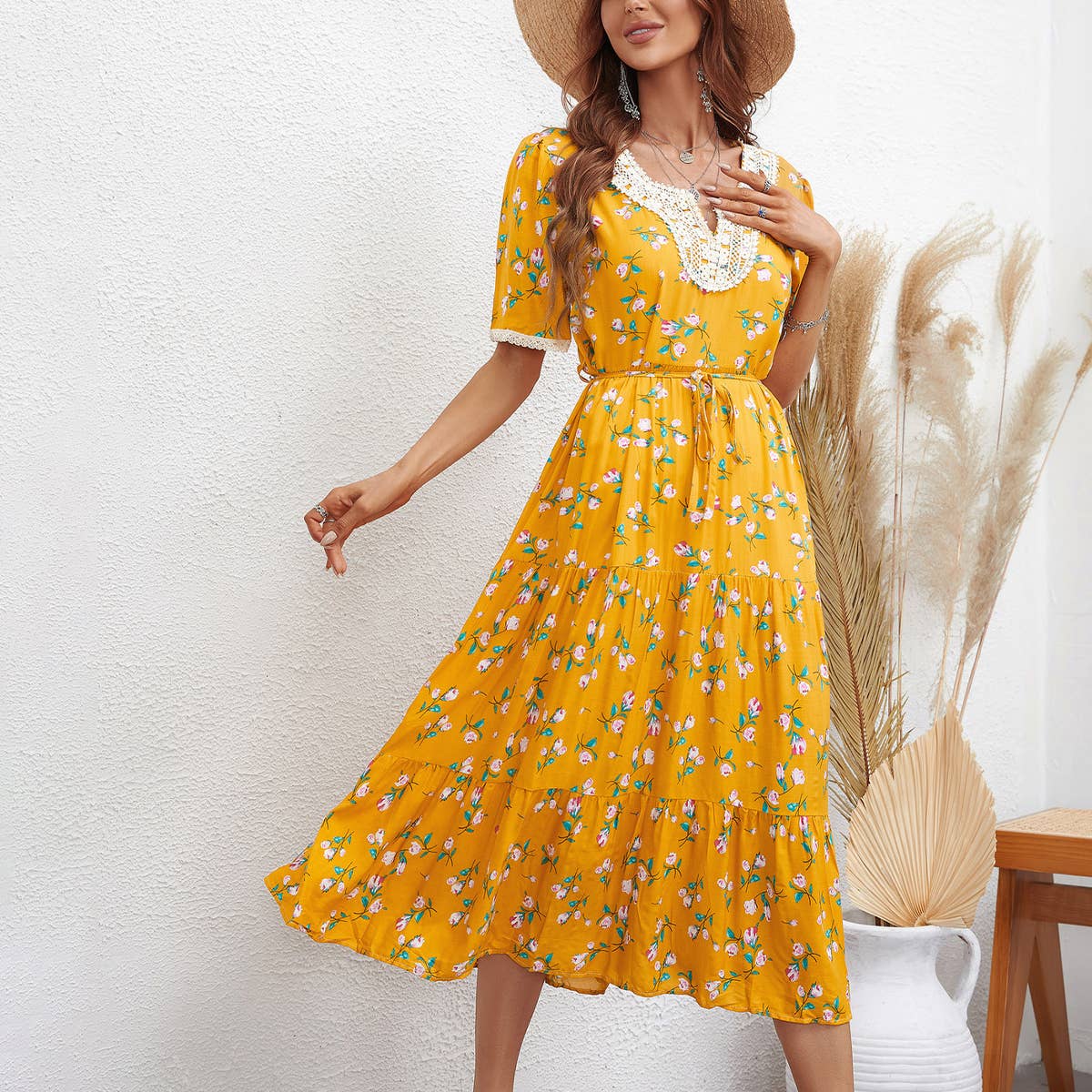 FASHION FLORAL V-NECK SHORT-SLEEVED DRESS