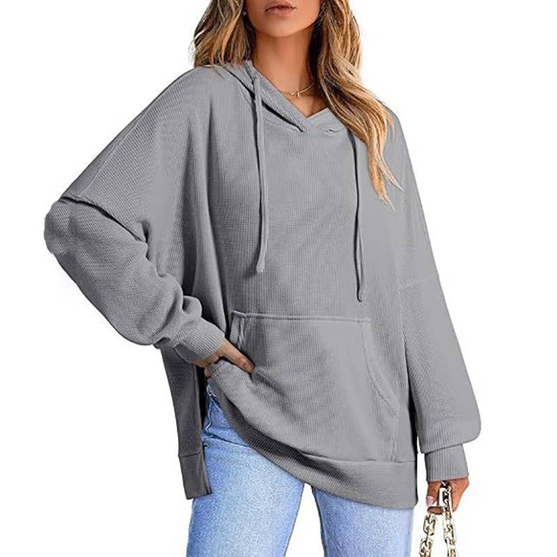 WOMEN'S LONG-SLEEVED WAFFLE POCKET HOODED JUMPER