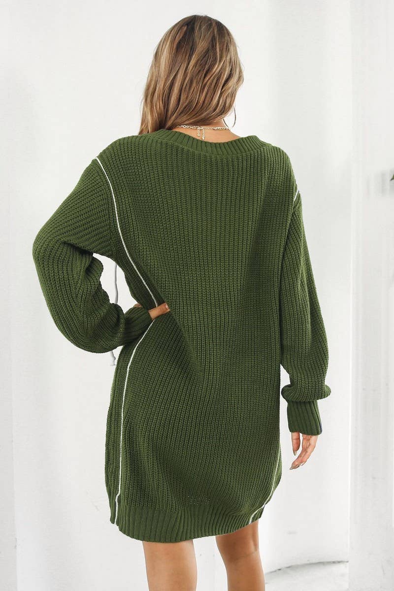 CWDSD7333_LOOSE NEW V-NECK LONG-SLEEVED SWEATER DRESS
