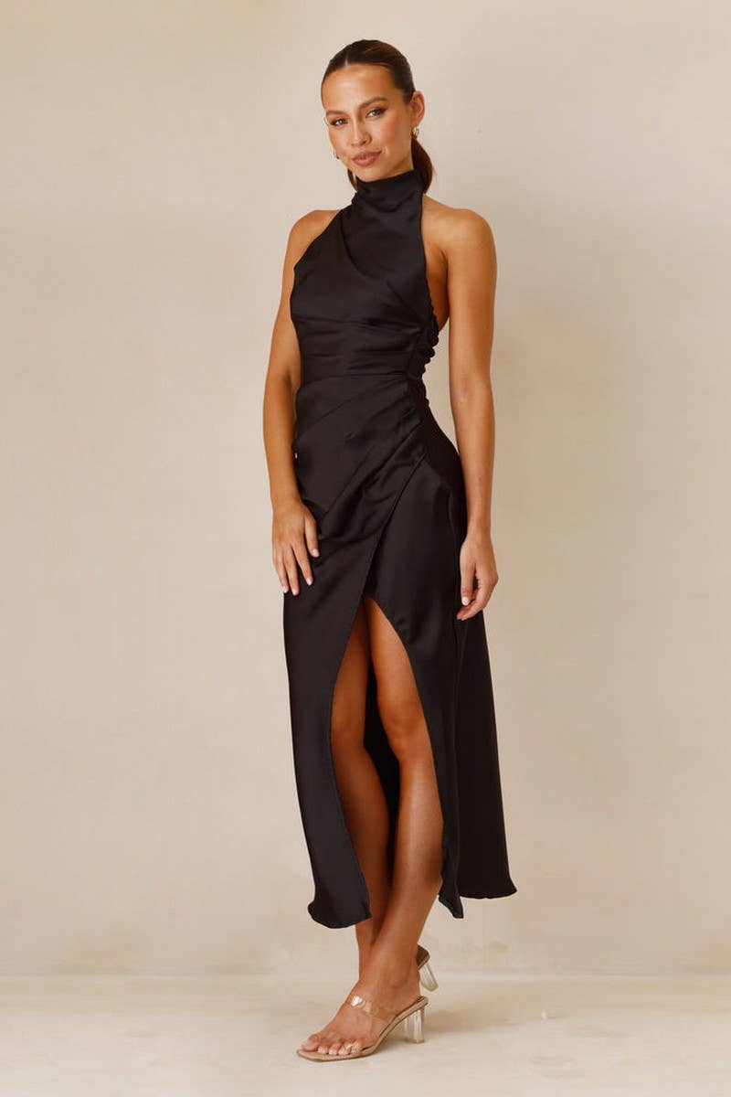 CWDMD5554_ELEGANT HALTER NECK SLIM FIT SLIT MAXI DRESS